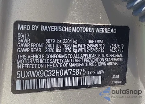 2017 BMW X3 xDrive28I z USA, uszkodzony, nr VIN 5UXWX9C32H0W75875